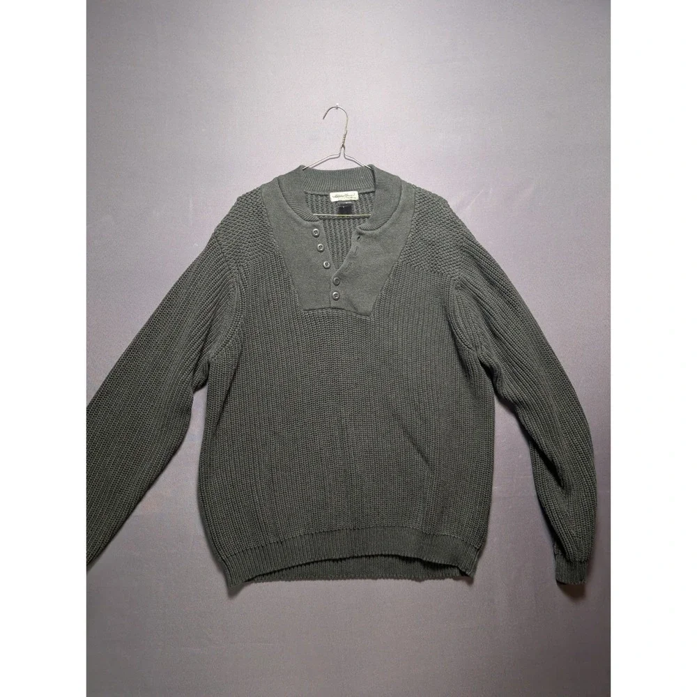 Vintage Eddie Bauer Henley Sweater Men's Large Green Chunky Knitted Classic Fit